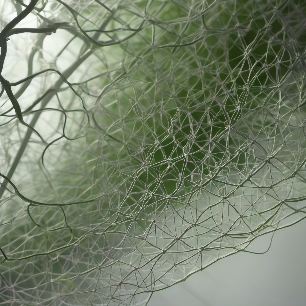 Delicate mycelium tendrils weaving through a fine geometric lattice, soft forest light, dew silver and lavender bloom palette, shallow depth of field.